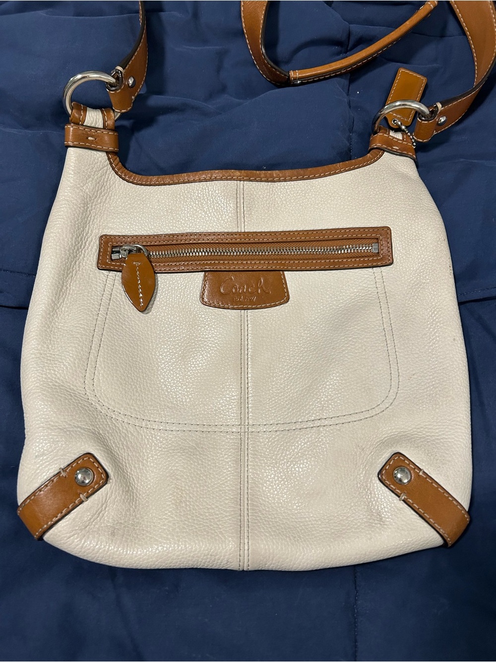 Coach Ivory Pebbled Leather Shoulder Bag / Crossbody with Tan Trim
